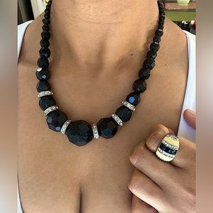 Cute Black beaded, rhinestone necklace with ring